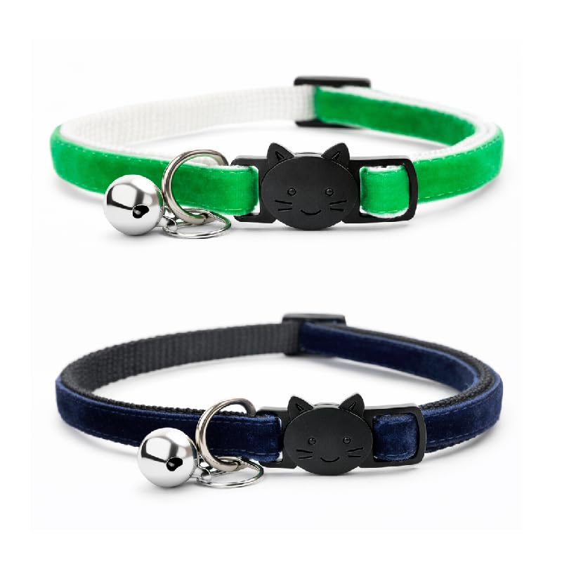 Velvet Cat Collars with Bell. Safe Quick Release Breakaway Buckle | Zacal Cat Collars (Green & Navy Blue, Pack of 2)