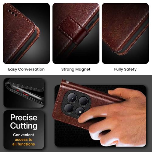 Image of WOW IMAGINE Shock Proof Flip Cover Back Case Cover for Mi Redmi Note 15 5G 2025 | Poco M8 5G (Flexible | Leather Finish | Card Pockets Wallet & Stand | Brown)