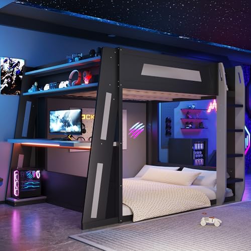 Image of GDFStudio Queen Over Queen Bunk Bed Frame with Desk, USB and LED Light, Solid Wood Gaming Bunk Bed Queen Size with Storage Shelves, High Loft Bed Queen Size with Under Entertainment Space, Black+Grey