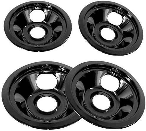 APPLIANCEMATES Black Porcelain Drip Pans Set 4-Pack 318067041 & 318067051 Replacement for Frigidaire/Electric Range Stove Burner 5304430149, 5304430150 Includes 2 Large 2 Small (6 Inch and 8 Inch)