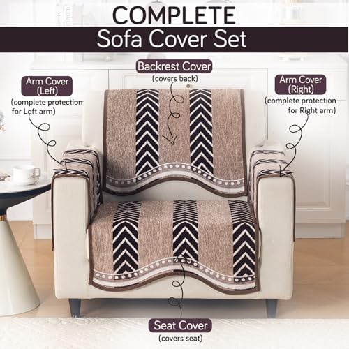 Image of HOKIPO Complete (Seat+Back+Arm) Sofa Mat Set for 1 Seater Sofa |Premium Chenille Sofa Covers with Curve Edges, 'Serene Curves Series' - Nomad Chevron (IN-993+1002+1001 * 2 - D5)