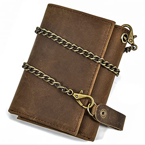 Unique Men's Genuine Leather Trifold Wallets with Chain, Full Grain Leather Handmade Western Rodeo Credit Card Holder Freemasons Slim Vintage Short Purse Luxury Male Gift,Brown,Style 133
