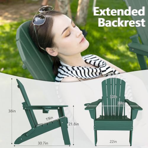 Image of Plawdlik Folding Adirondack Chair Set of 3, Cup Holder, Green | pin-free folding, 38-in tall back, Wood-grain All-weather HDPE; for fire pit, poolside, deck, backyard, patio