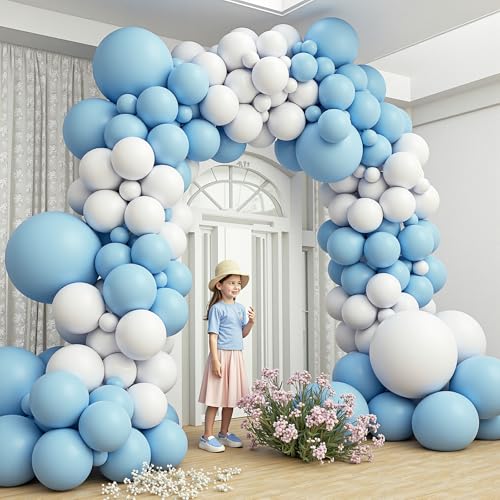 Image of 412Pcs Blue and White Balloon Arch Kit, 18 12 10 5 Inch Different Size Light Blue White Balloon Garland Kit for Baby Shower Graduation Birthday Wedding Party Decorations