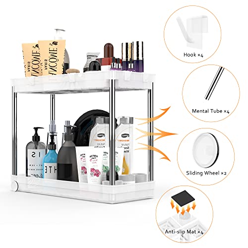 2 Pack Under Sink Organizers And Storage, Durmmur 2-Tier Under Sink Organizer, Bathroom Cabinet Organizer, Under Sink Storage For Kitchen, Multi-Purpose Storage Shelf With Wheels, Frost White #TOP4