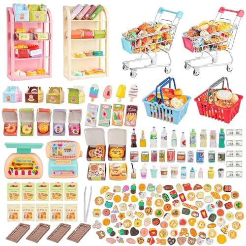 Mini carrito de la compra, carrito de compras, modelo de juego de comestibles, botella de bebida en miniatura, comida y pizza con caja, supermercado, carrito de mano de metal, juguete, casa de muñecas