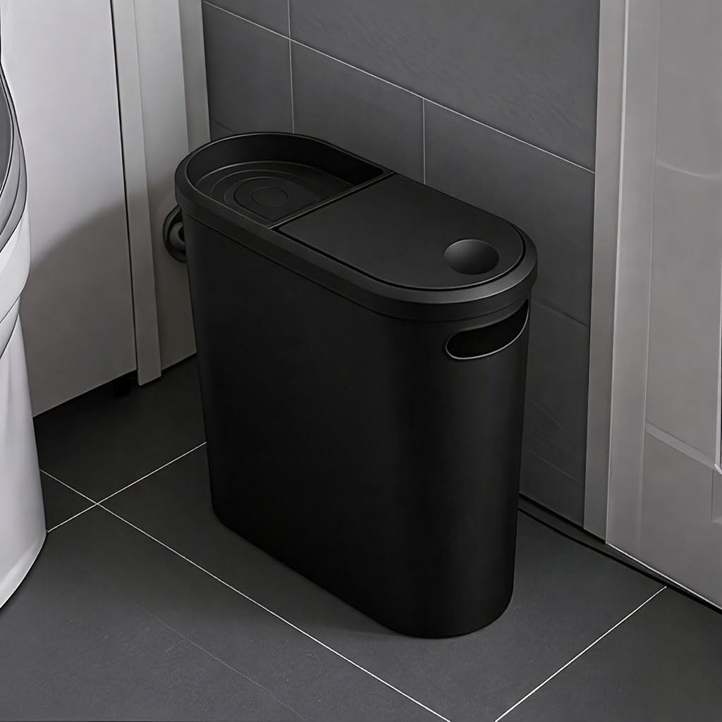 Taylor & Brown 10 Litre Slim Bathroom Trash Can Dust Bin with Touch Top Lid and Handle, Garbage Bin for Bedroom Kitchen Living Room Office, Black