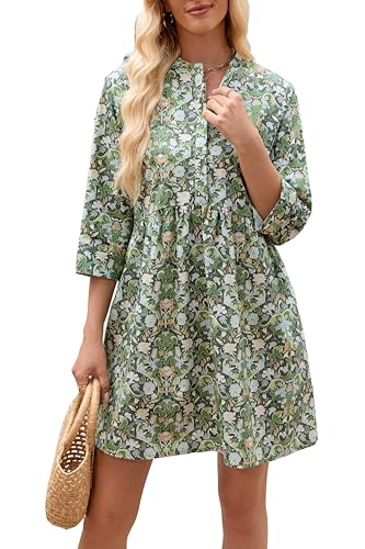 Image of EZAPINE Floral Dress for Women 3 /4 Sleeve Shift Boho Cotton Shirt Dresses | Button Up,Summer,Mini,Above Knee,Casual,for Picnic,Vacation