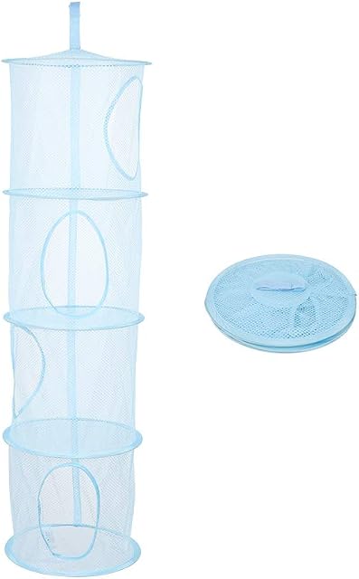 LQKYWNA Hanging Storage Net with 4 Compartments, Portable Foldable Multi-function Space Saving Mesh Organizer Dryer for Clothes Toys Sundries (Blue)