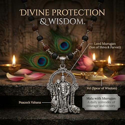 Image of Gratify Original Rudraksha & Karungali Mala 8mm 54 Beads with Lord Murugan Pendant | Natural Ebony Wood Spiritual Necklace for Meditation, Protection, Focus & Positive Energy | Unisex Mala