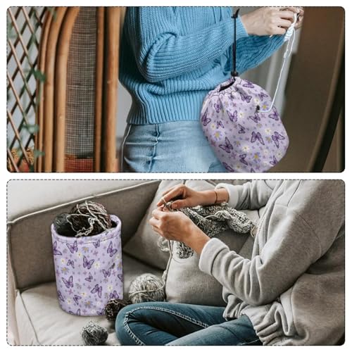 Image of Sellikakes Purple Butterfly Yarn Bag Crochet Storage Organizer, Knitting Crochet Storage Bag for Crocheting Project, Store Skein Ball, Short Knitting Needle Sewing Supplies Accessories
