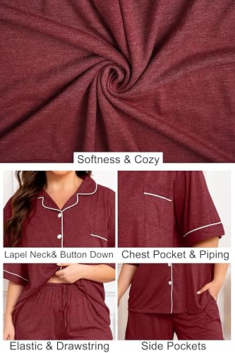 Image of Vozanet Women Plus Size Pajamas Button Down Rayon Softness PJS Classic Sleepwear Short Long Loungewear 2pcs with Pockets