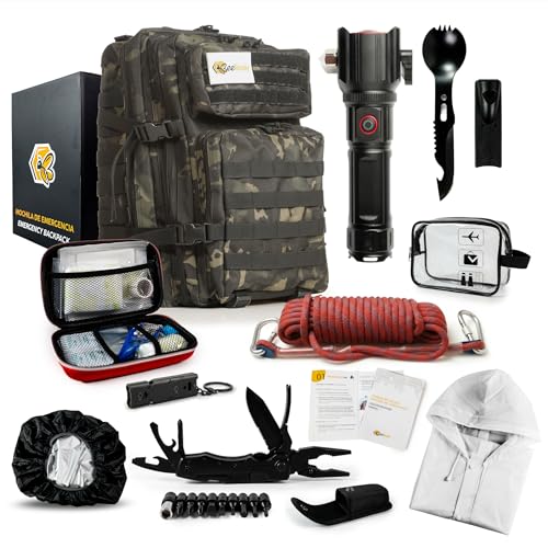 Bee Ready Kit Supervivencia Emergencia Completo – Mochila militar 45L, Linterna LED táctica, Botiquín de primeros auxilios, Cuchillo multiherramienta, Manta térmica– 25 piezas, 3 colores (Camuflaje)