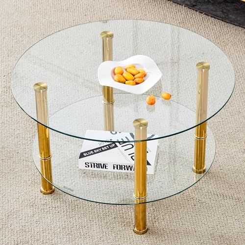 Mesa de café de cristal, mesa de centro redonda dorada, para sala de estar, dormitorio, mesa de centro moderna con vidrio templado transparente, grande: 80 x 80 x 45 cm