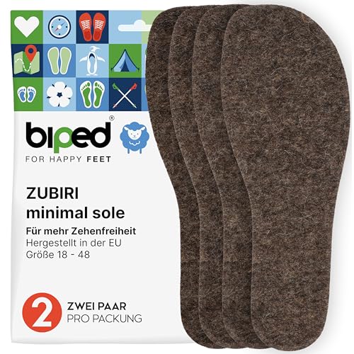biped minimal sole ZUBIRI - 2 Paar Einlegesohlen für Barfußschuhe - Filzsohlen aus echtem Wollfilz - Passen in Minimalschuhe für Erwachsene und Kinder(38)