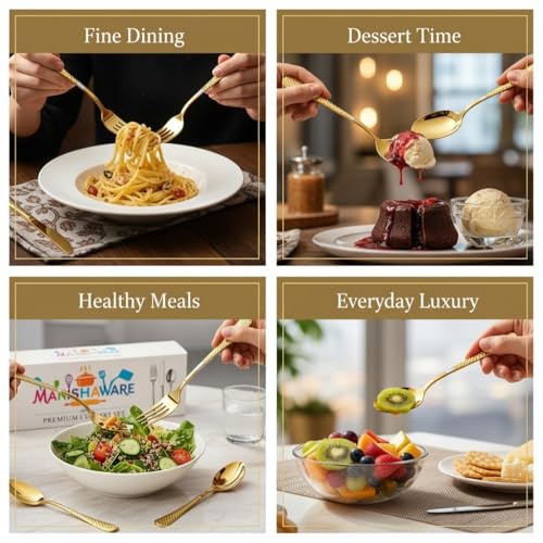 Image of Classic Gold 20 Pcs Stainless Steel Cutlery Set for Dining Table, Dishwasher Safe Glossy Flatware (Perfect Spoon Fork Set)