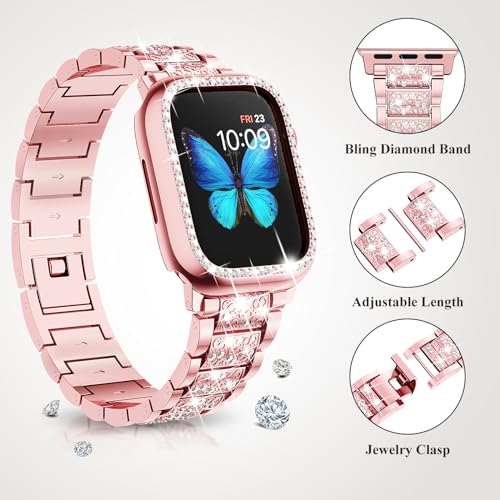 Image of SUPOIX for Apple Watch Band 45mm + Case, Bling Bands for Women (Rose Pink) | Shiny Metal Bands & 2 Pack Protective Cover Cases for iWatch Series 9 /8 /7 45mm