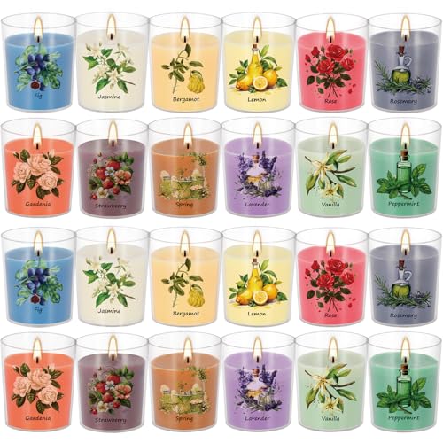 Image of Aromatherapy Candles Set - 24 Pack Scented Candles with 12 Natural Fragrances, Votive Candles in Clear Plastic Jars for Home Decor, Stress Relief, Sleep, Ideal Gift for Women,Mother's Day, Birthday.