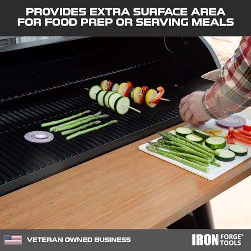 Image of Iron Forge Tools 26x12 Wood Folding Grill Shelf Accessory - Charcoal Grill Accessories for Pellet Smoker Barbeque - Compatible with Traeger Pro 22, Pro 575, Ironwood 650 Series Texas Elite, Eastwood