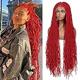 sedittyhair Colorful Locs Braided Wigs 36 Inches Full Double Lace Red Color Square Knotless Dreadlock Braiding Wig with Baby Hair for Black Women Synthetic Lace Frontal Long Cornrow Box Braided Wigs