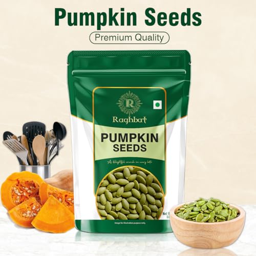 Image of Raghbat Pumpkin Seeds, 500g, Rich in Protein, Dietary Fibre, Magnesium & Phosphorus, Raw & Unroasted Pumpkin Seeds, Source of Iron & Zinc, Handpicked Seeds, Resealable Pack