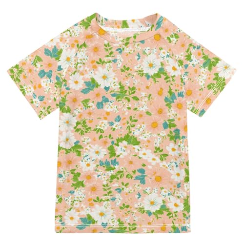 ALAZA Kids Rash Guard Girls Toddler Swim Shirts Short Sleeve Flower Green Leave UPF 50+ 3T