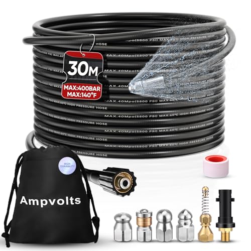 Ampvolts Desatascador de Tuberías a Presión - 400 Bar/5800 PSI, 5 boquillas y Adaptador Karcher Compatible con Hidrolimpiadoras Karcher K2 K3 K4 K5 K6 K7 (30M, Adaptador Karcher Estándar)
