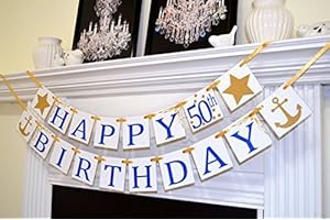 Gold Anchor HAPPY 50th Birthday Royal Blue Banner Decorations