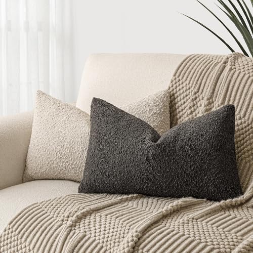 Image of Foindtower Pack of 2 Textured Boucle Throw Pillow Covers Accent Solid Decorative Lumbar Pillow Cases Cozy Couch Cushion Case for Sofa Living Room Home Decor, 12 x 20 Inch,Dark Brown