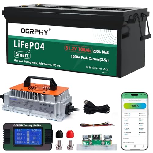 OGRPHY 48V Lithium Battery Golf Cart - 100Ah LiFePO4 Conversion Kit with 200A BMS, Charger & Monitor | 4000+ Cycles | Fits Club Car, EZGO, Yamaha