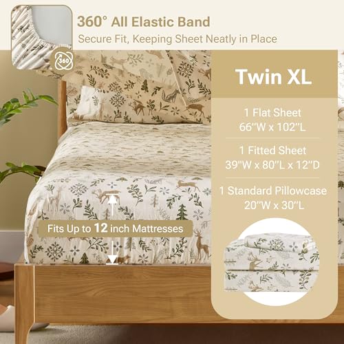 Sleep Philosophy True North 100% Cotton Flannel Sheets Twin XL Size, Cozy Flannel Sheet Set Brushed for Extra Softness, Heavyweight Novelty Print Warm Flannel Bedding Set, Tan Woodland Winter 3 Piece