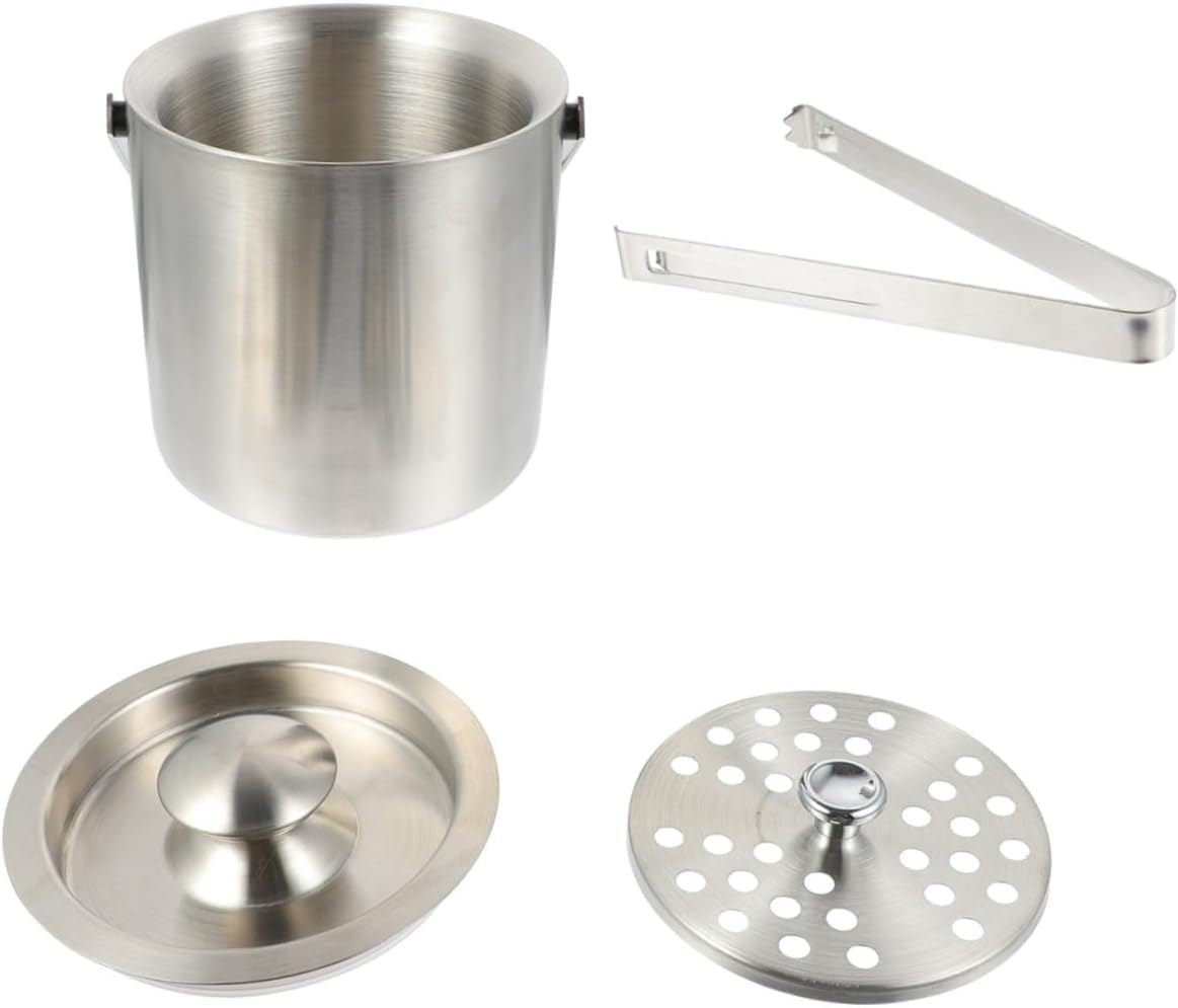 1pc Double Walled Portable Ice Bucket Stainless Steel Chiller for Wine Beer Insulated Cooler Ice Tongs for Parties Ktv Bars Silver Style