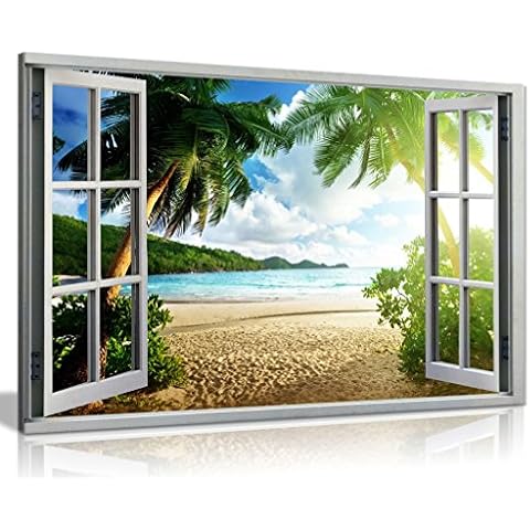 Beach Sunset View 3D Window Effect Canvas Wall Art Picture Print (36X24) Cover