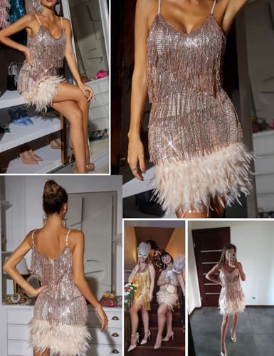 Women's Sequin Cocktail Dresses 1920s Flapper Dress Gatsby Fringe Mini Dresses Feather Prom Party Dress2