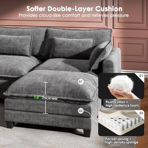 Image of Marsail Modular Sectional Sofa 145.6 inch U-Shaped Modern Comfy Cloud Couch, 6-Seat Chenille Deep Seat Sofa with Throw Pillow & Movable Ottoman for Living Room, Bedroom and Apartment, Grey