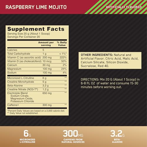 Image of Optimum Nutrition Gold Standard Pre Workout Advanced, with Creatine, Beta-Alanine, Micronized L-Citrulline and Caffeine for Energy, Keto Friendly, Raspberry Lime Mojito, 20 Servings