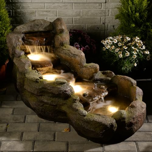 Image of Bumilgar 42 in Natural-Style Tier Garden Rock Water Fountain Outdoor, Floor-Standing Fountains that Feature Gentle Waterfall and LED Lights for Patio, Backyard, Deck, Porch, Home Decor