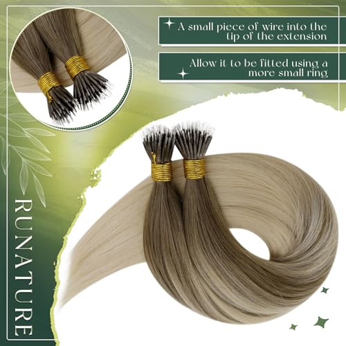 RUNATURE Nano Hair Extensions Real Human Hair 24 Inch Nano Beads Hair Extensions Human Hair Balayage Light Brown to Light Blonde Invisible Nano Rings Straight Remy Hair 50g 50s #8/60 - Image 3