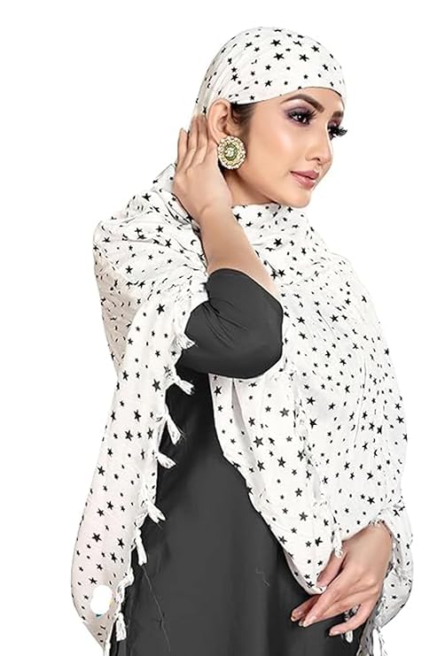 Image of Cotton Long Scarf Cum Mask Scarves Usable for Vehicle Driver | White Printed Design Fabric | Universal Size | Soft & Breathable Sun Protection | For Girl & Women