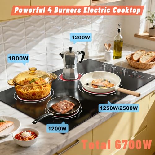 Image of 30 Inch Electric Cooktop (Cut-out Size: 29.13 inchx19.3 inch) 4 Burner - 30 Inch Built-in Ceramic Stove 6700W, 30 inch Electric Burner with Timer, Safety Lock, 240V Hard Wired (Black-Sliver Knob)