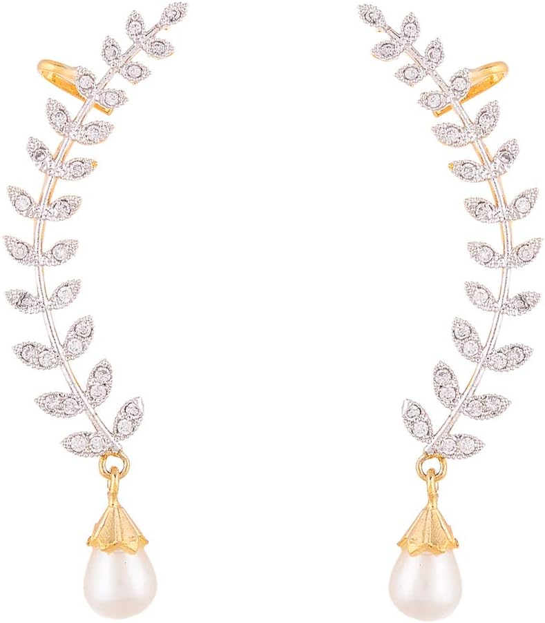Zeneme Gold Plated American Diamond Leaf Shape Ear Cuff Earring Jewellery For Women/Girls