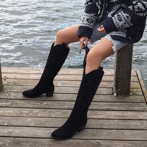 Image of Erocalli White Cowgirl Boot Cowboy Boots for Women Embroidered Pull-On Chunky Stacked Heel Knee High Western Boots