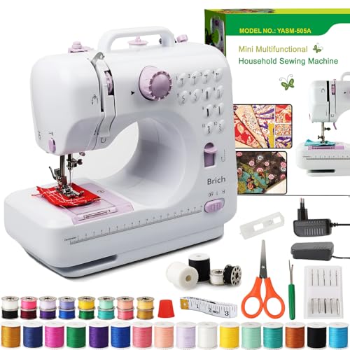 Brich Mini Sewing Machine for Beginners - Portable Electric 12 Stitch Sewing Machine with LED Light, Double Thread & Two Speed, Automatic Reverse Stitch & 42 pcs Sewing Kit for Clothes, Sheets