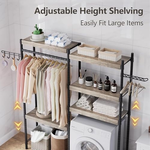 GarveeHome 5-Tier Wood Over-the-Washer Dryer Storage Shelf 30" A+B - Adjustable Height Laundry Organizer with Double-Layer Wood Shelves, Space-Saving Design for Bathroom, Laundry Room, or Balcony, Gre