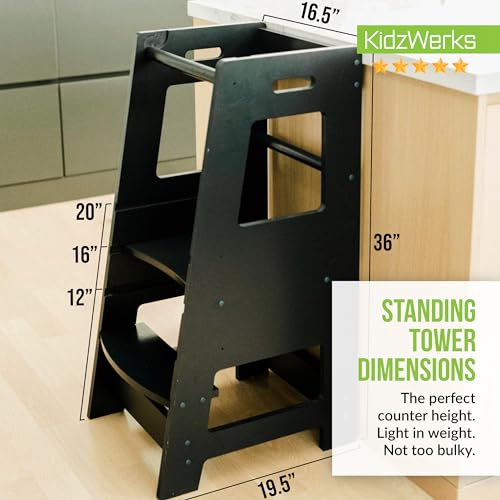 Image of Child Standing Tower Kids Kitchen Step Stool Toddler Wood Stepping Stool - Children's Montessori Stool - Adjustable Platform, Navy Blue