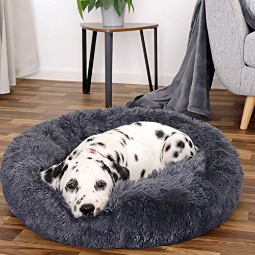 lionto Donutbett für Hunde und Katzen, Flauschiges Hundebett rund für kleine und große Heimtiere, Ø 60 cm, weiches Katzenbett aus kuscheligem Plüsch, Hundekissen mit extra Dicker Füllung, dunkelgrau