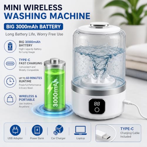 Image of Mini Washing Machine - Portable Rechargeble Washer, Deep Cleaning Travel Laundry for Apartments, Dorms, RVs & Small Spaces, Mini Laundry for Baby Clothes, Undergarment, Socks, Compact Underwear washer 1.5 Litter