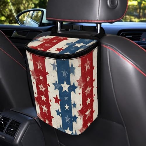 Image of Talayituse American Flag Star Print Car Trash Can Portable Auto Garbage Bin Multifunctional Vehicle Interior Accessories with Adjustable Straps 4th of July Decor Universal Fit Truck SUV Sedan