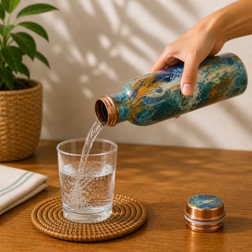 Image of Pure Copper Water Bottle - Handcrafted - Ayurveda health benefits - Large 1000 ml - Leak proof - Easy to carry for Sports, Fitness, Yoga, School - Royal Mosaic 3D Vintage Colorful Enamel