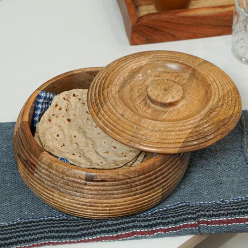 Image of Sanjeev Kapoor By OGGN Mango Wood 9 x 9 x 4 Inch, Casserole for Roti Hot Case | Wooden Roti Box | Hot Case Casserole | Big Chapati Storage Box for Home & Kitchen - Premium Wood Elegant Design